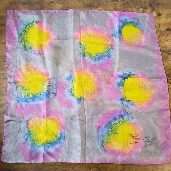 Vintage hand painted tie dye flower pure silk scarf Rémoy D'Urville Paris 21.5" - Picture 6 of 9